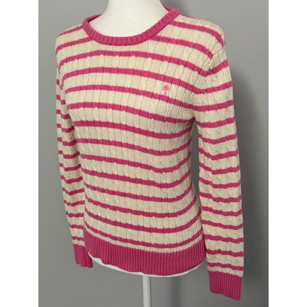 Lilly Pulitzer Women's Medium Striped‎ Cable Knit Pink Ivory Cotton Sweater - Picture 7 of 9